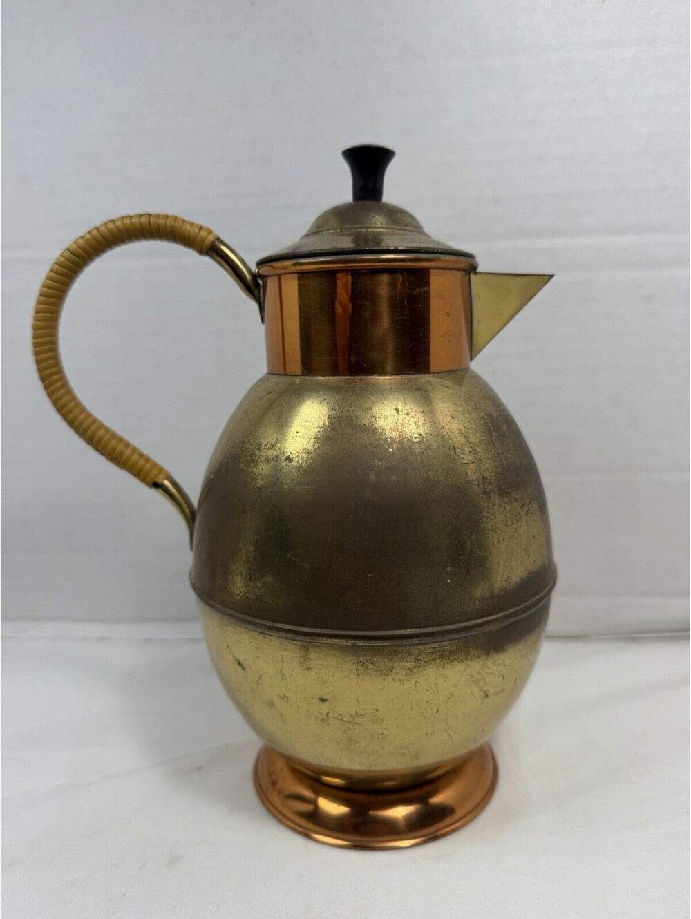 Vintage Brass Copper Coffee Pot Wicker Handle 9 Inch Holland Decorative Pot